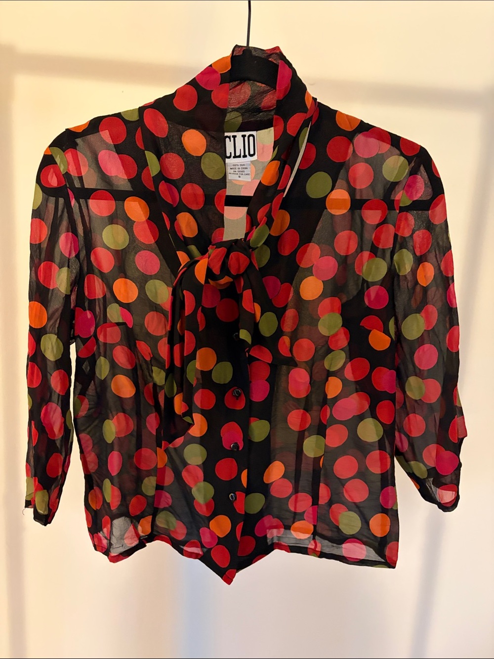 Clio Vintage Silk Black Sheer Polka Dot Tie-Neck Blouse with Multicolor Dots